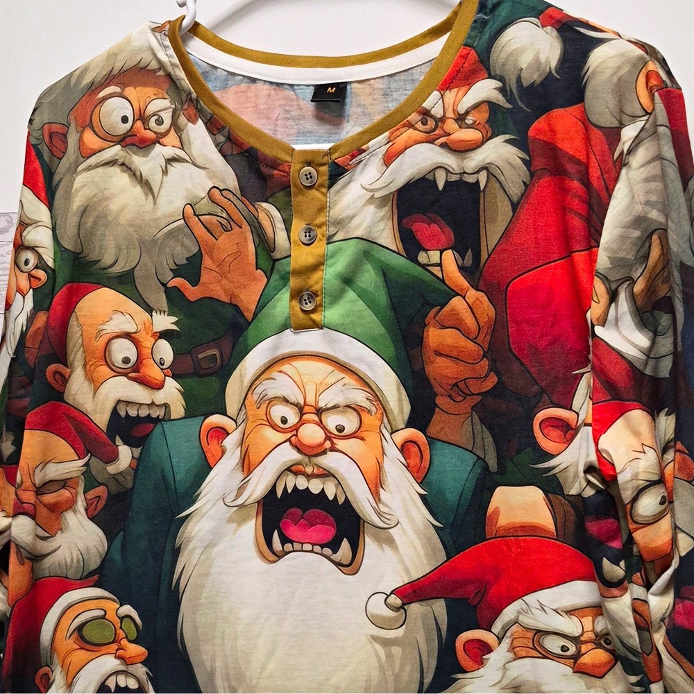 Mens Santa Claus Christmas Graphic Henley Pullover shirt Size M Multi